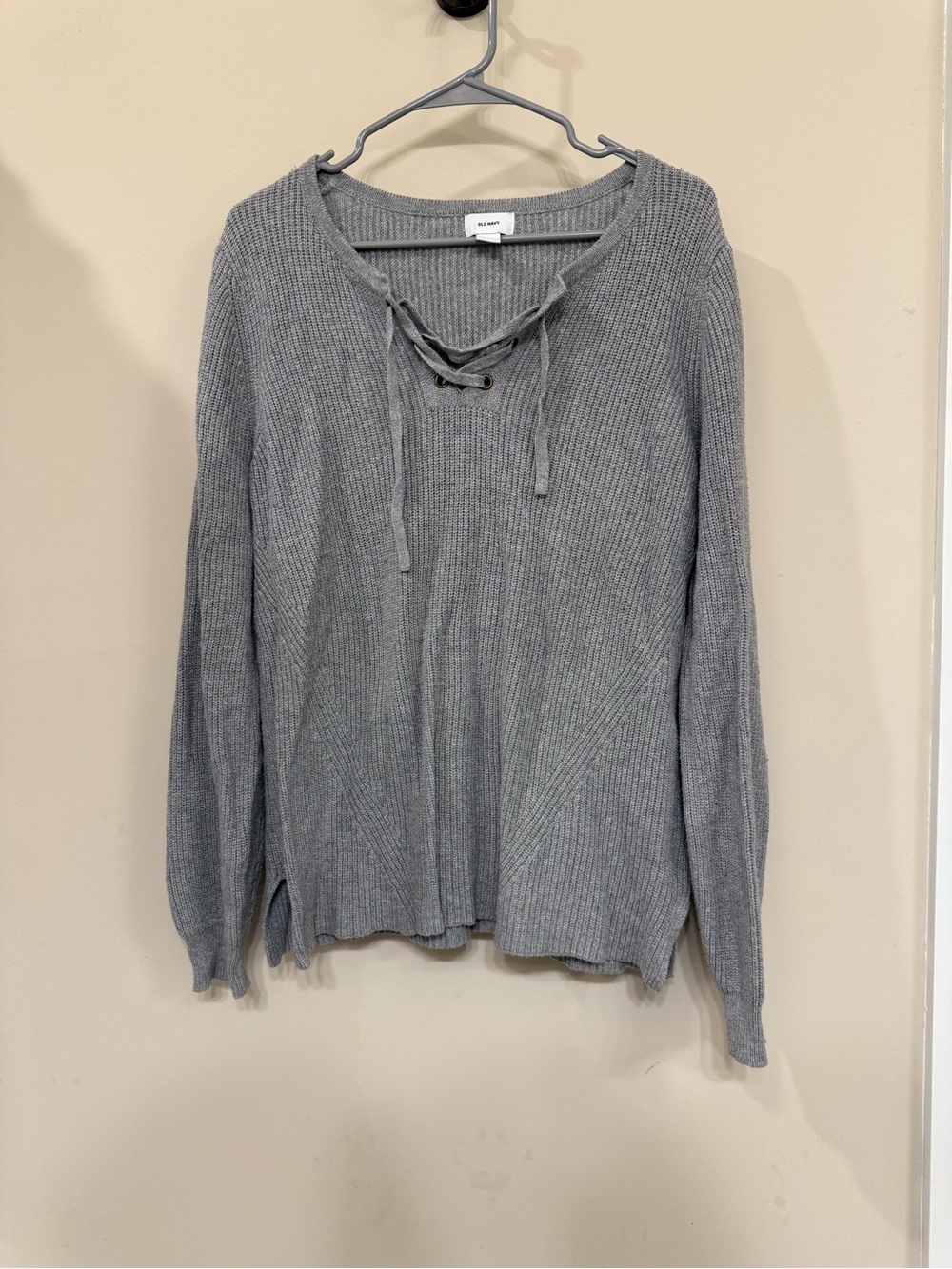 Old Navy Gray Lace-Up Ribbed Hoodie Sweatshirt